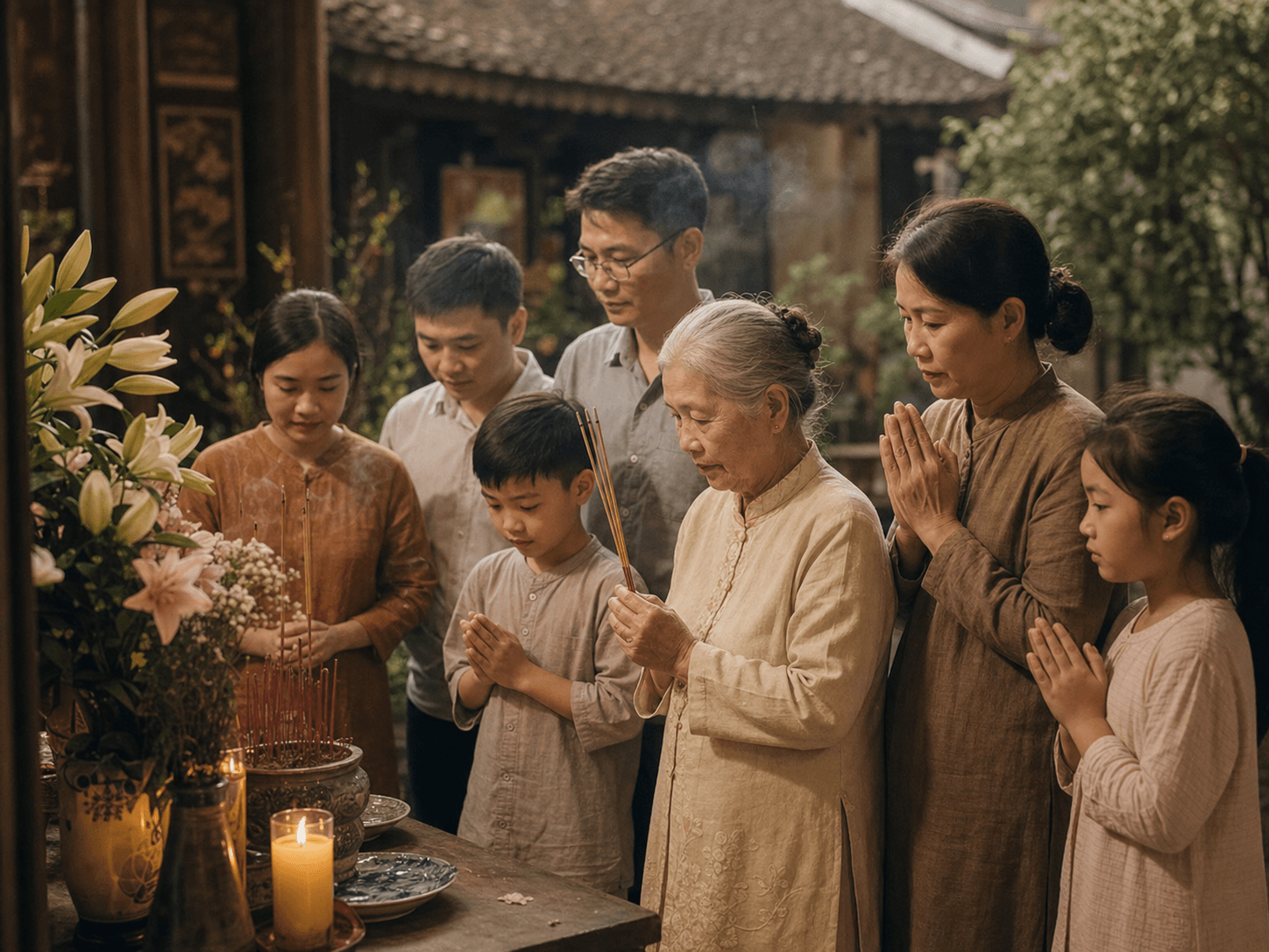 Gia đình cùng bà cầu nguyện trong không gian trang nghiêm