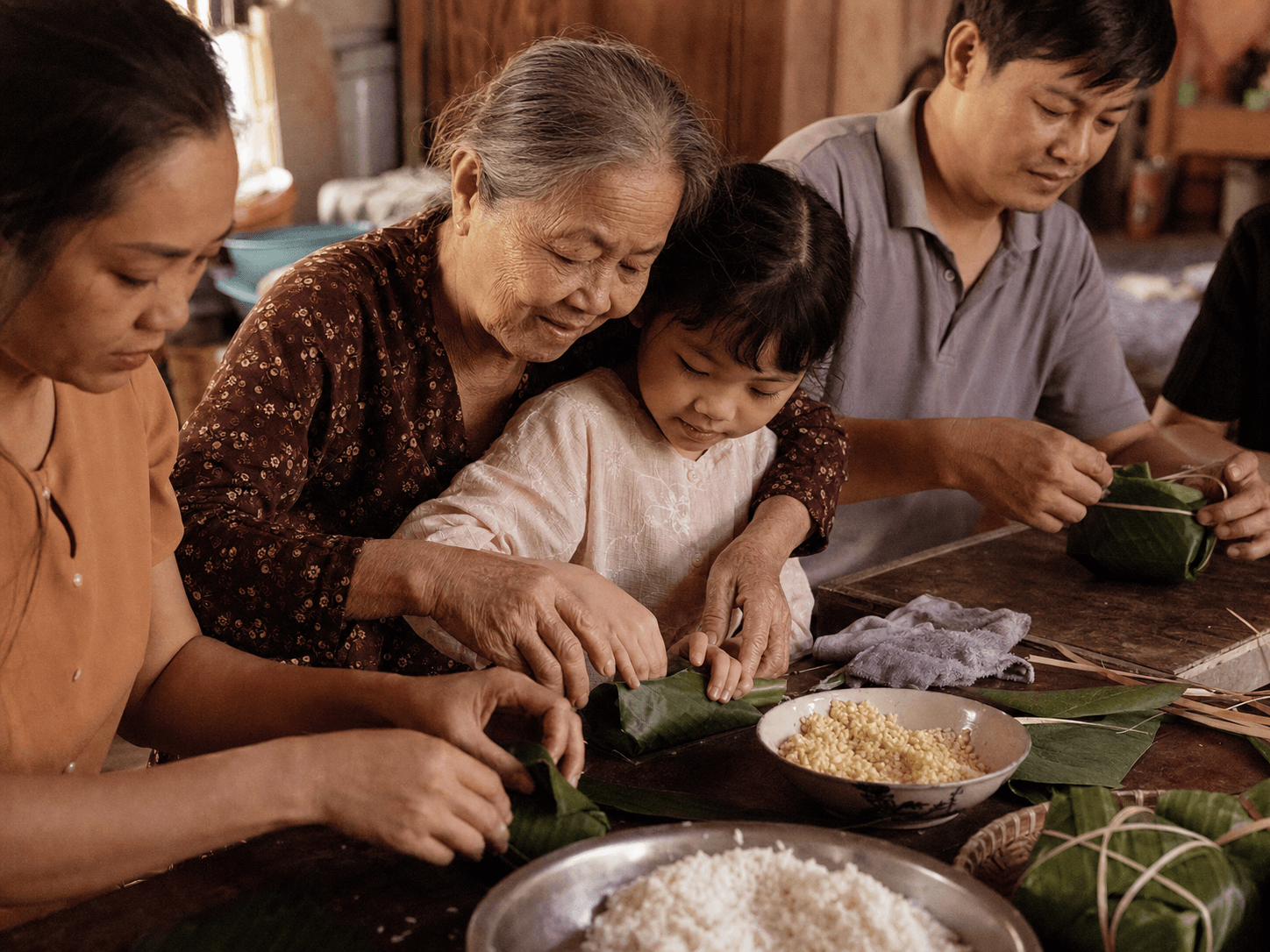 Bà hướng dẫn cháu gói bánh chưng trong bếp
