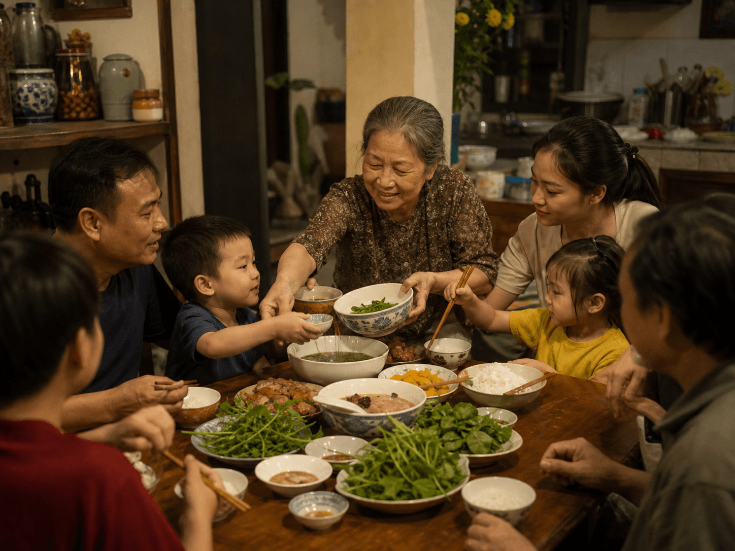 Bữa cơm gia đình cuối tuần với bà và con cháu