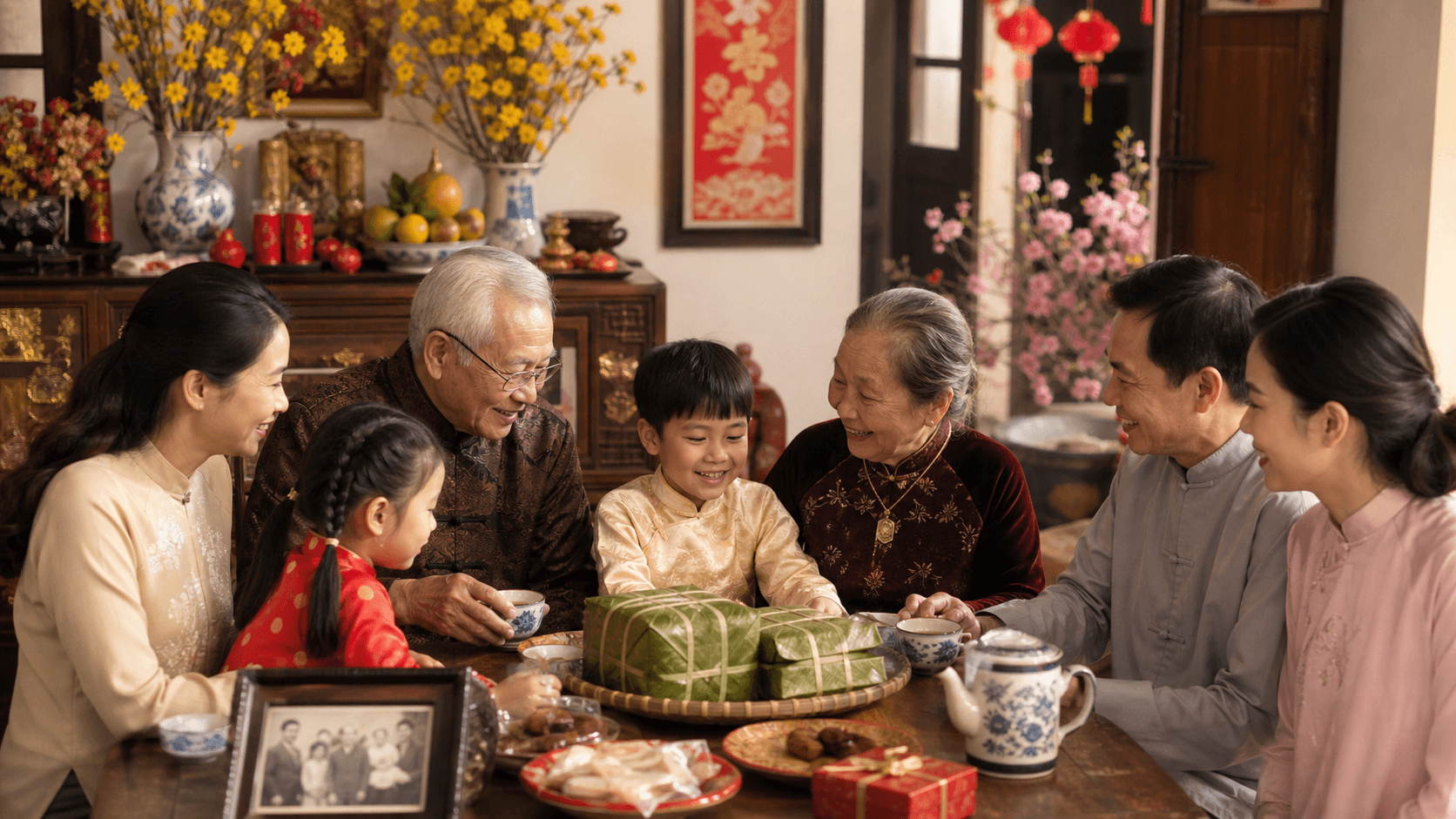 Gia đình Việt nhiều thế hệ quây quần bên bà trong ánh sáng ấm